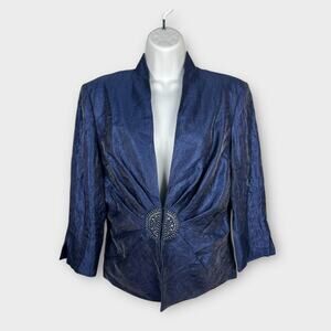 Jessica Howard Shimmery Satin Blue Beaded Rhinestone Closure Blazer Jacket Sz 12